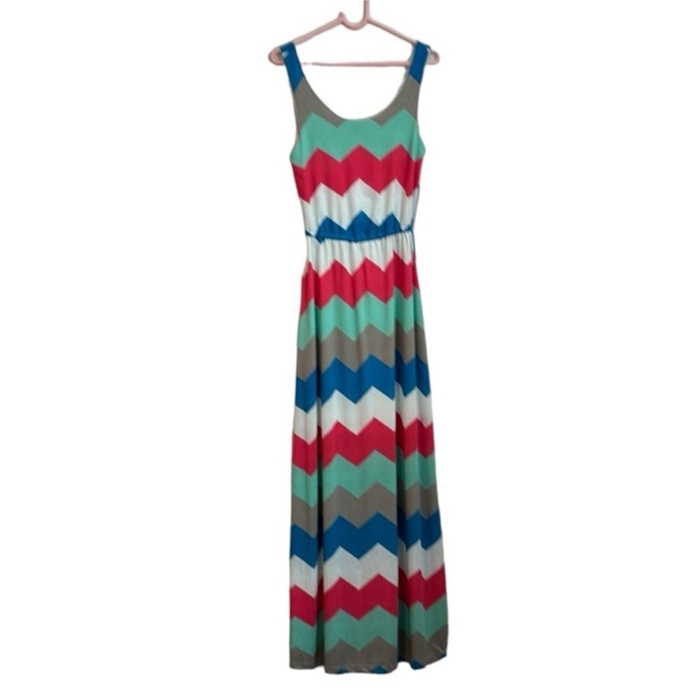 Charlotte Russe Women’s Chevron Multi Stripes Long Tank Maxi Dress Red White XS